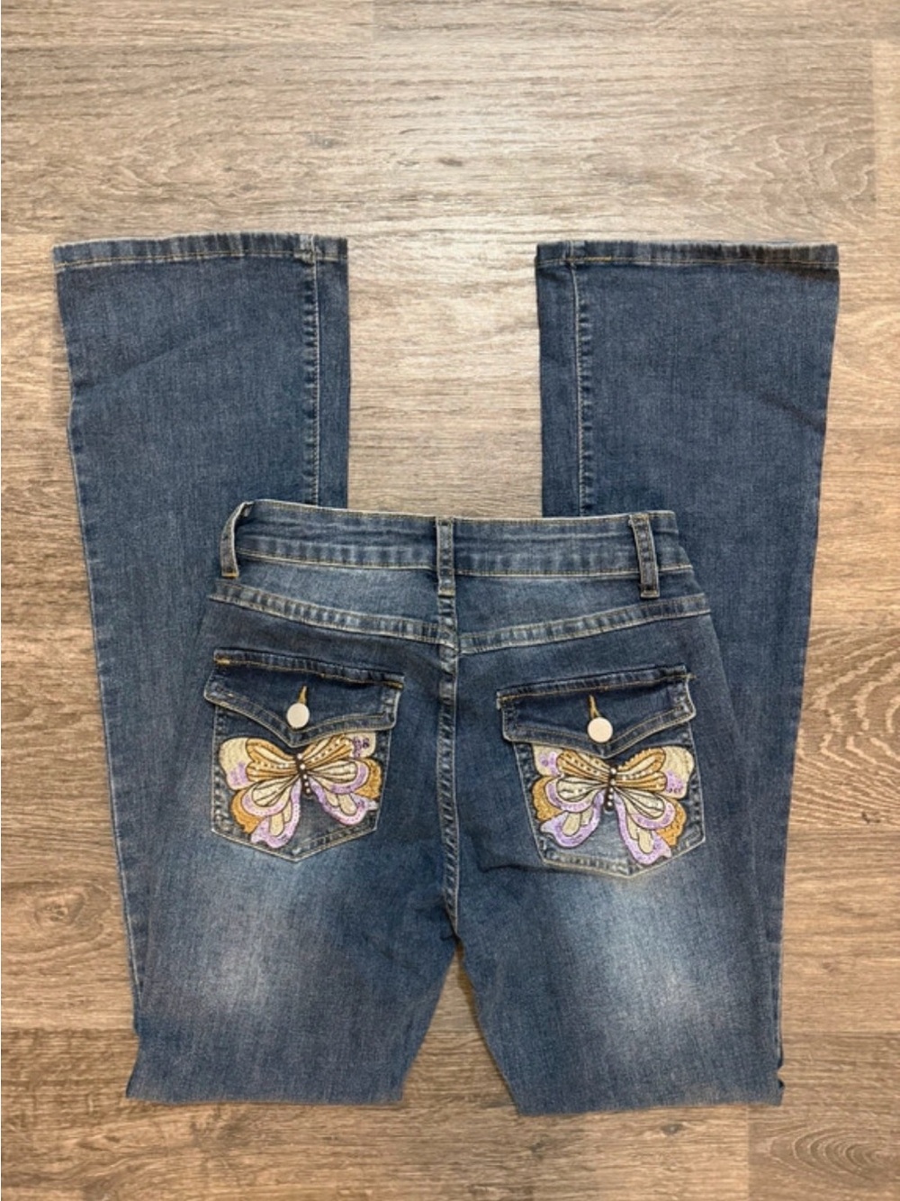 Women’s Y2K Inspired Blue Denim Jeans with Butterfly Pockets